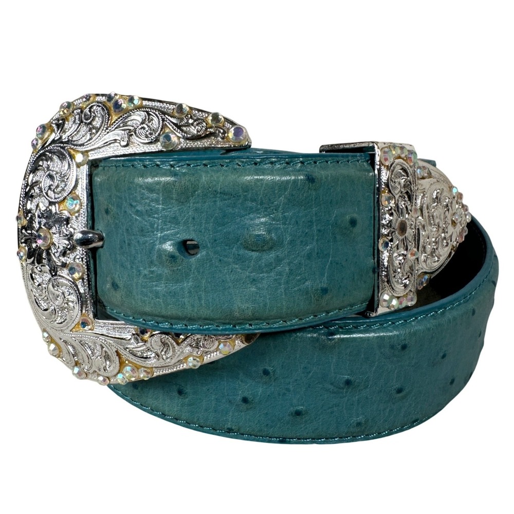 Roper Light‎ Blue Ostrich Leather Western Rhinestone Belt Medium 30/32 Cowgirl